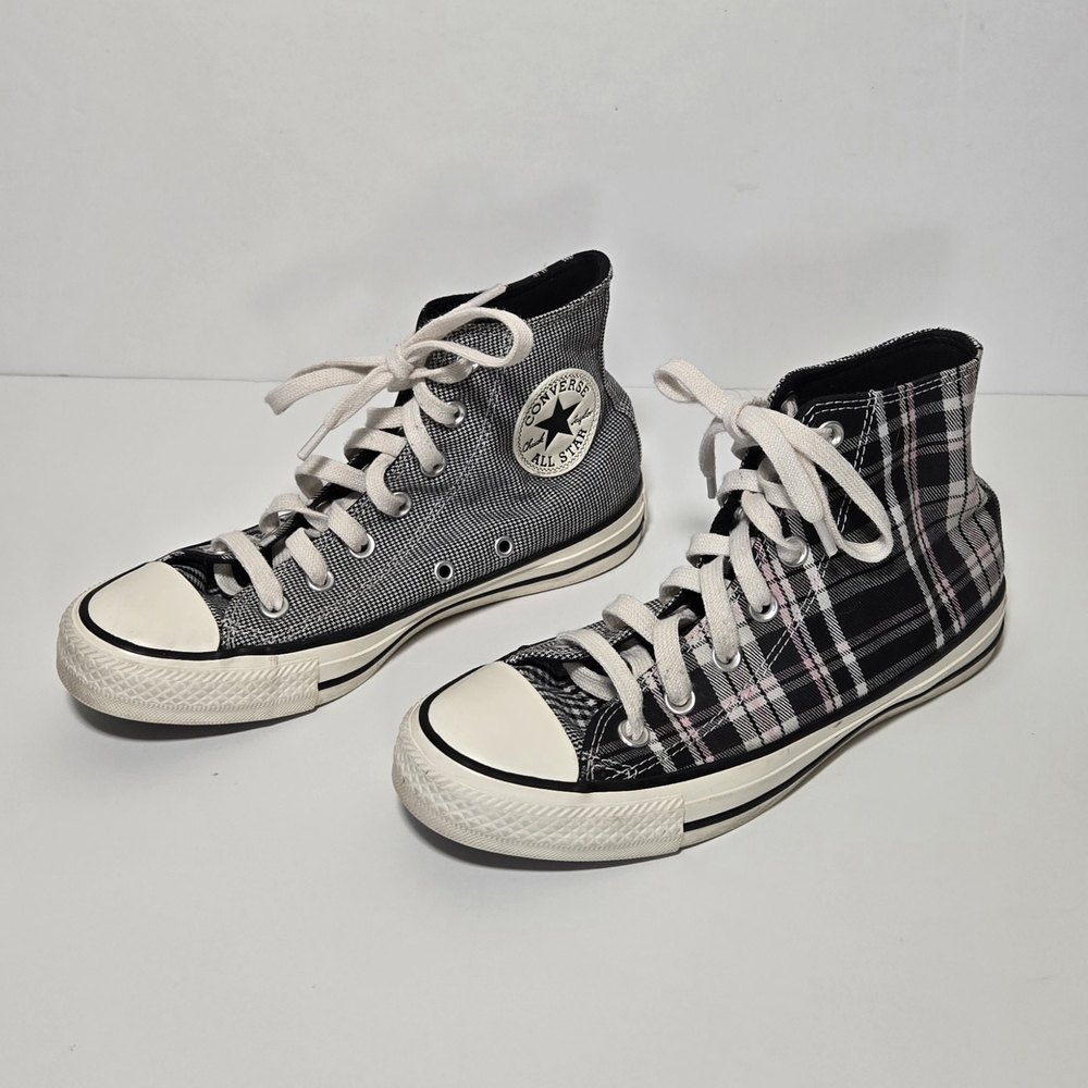 Converse Chuck All Star Mix Match Black White Pink Plaid Check Hi Top Sneaker S7